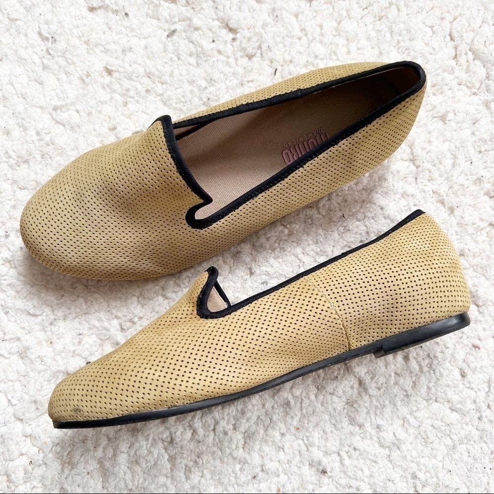 Munro American Walking Wedges Matte Gold Khaki Black Perforated Suede Loafers